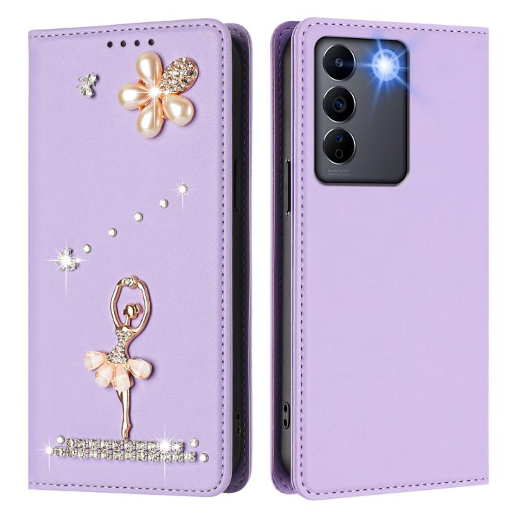 For vivo V27 5G Global/V27 Pro 5G Global Ballet Girl Diamond Studded RFID Vegan Leather Phone Case