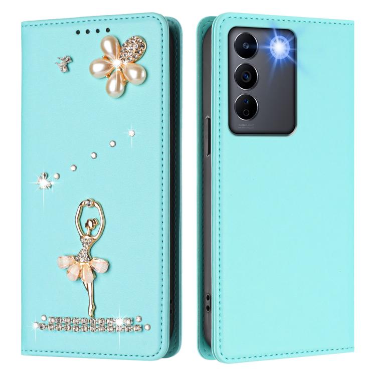 For vivo V27e 4G Global/T2 4G Global Ballet Girl Diamond Studded RFID Vegan Leather Phone Case