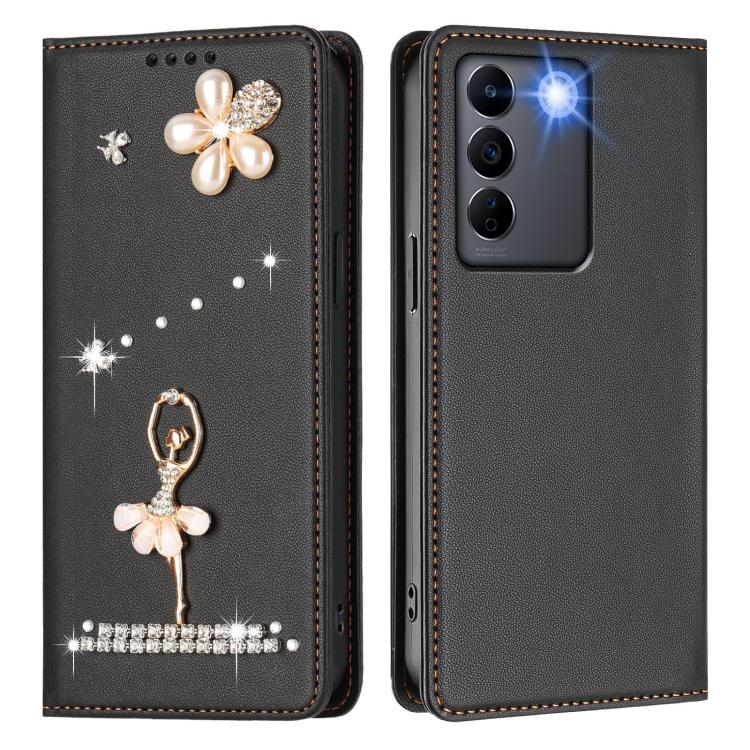 For vivo V27e 4G Global/T2 4G Global Ballet Girl Diamond Studded RFID Vegan Leather Phone Case