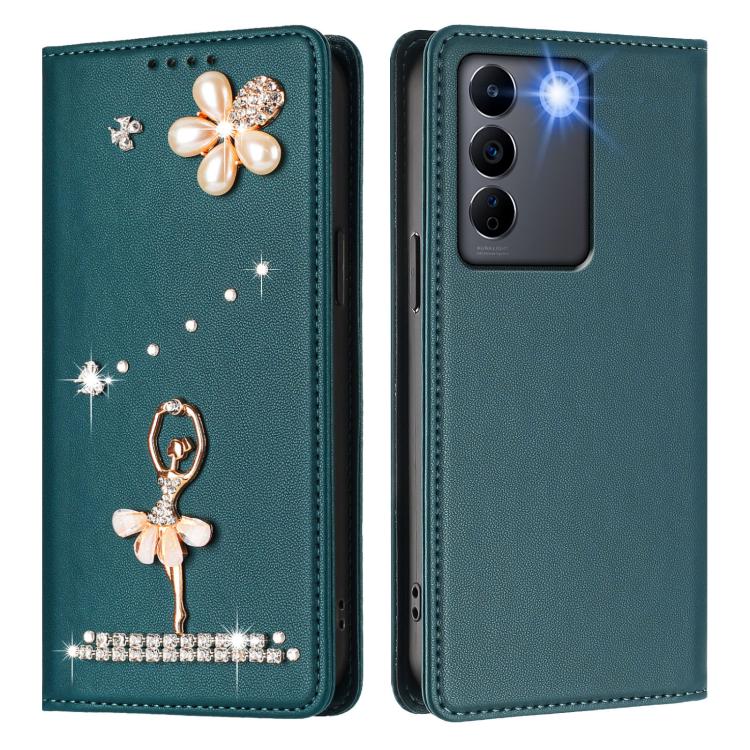 For vivo V27e 4G Global/T2 4G Global Ballet Girl Diamond Studded RFID Vegan Leather Phone Case
