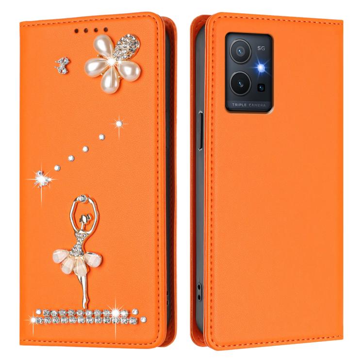For vivo Y55s 5G 2023 Ballet Girl Diamond Studded RFID Vegan Leather Phone Case