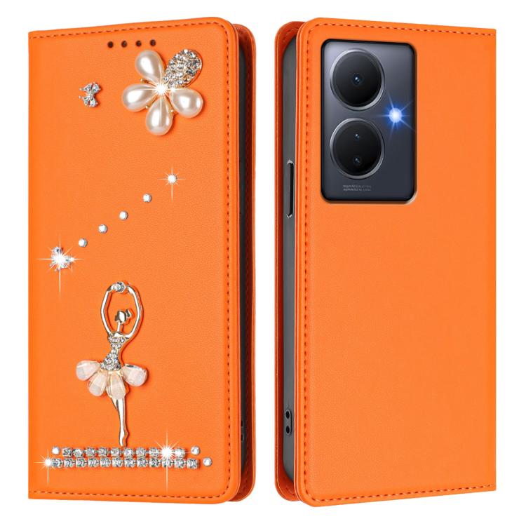 For vivo Y78+ 5G Global / V29 Lite Ballet Girl Diamond Studded RFID Vegan Leather Phone Case