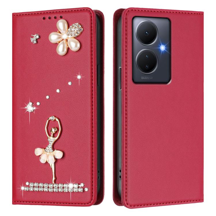 For vivo Y78+ 5G Global / V29 Lite Ballet Girl Diamond Studded RFID Vegan Leather Phone Case