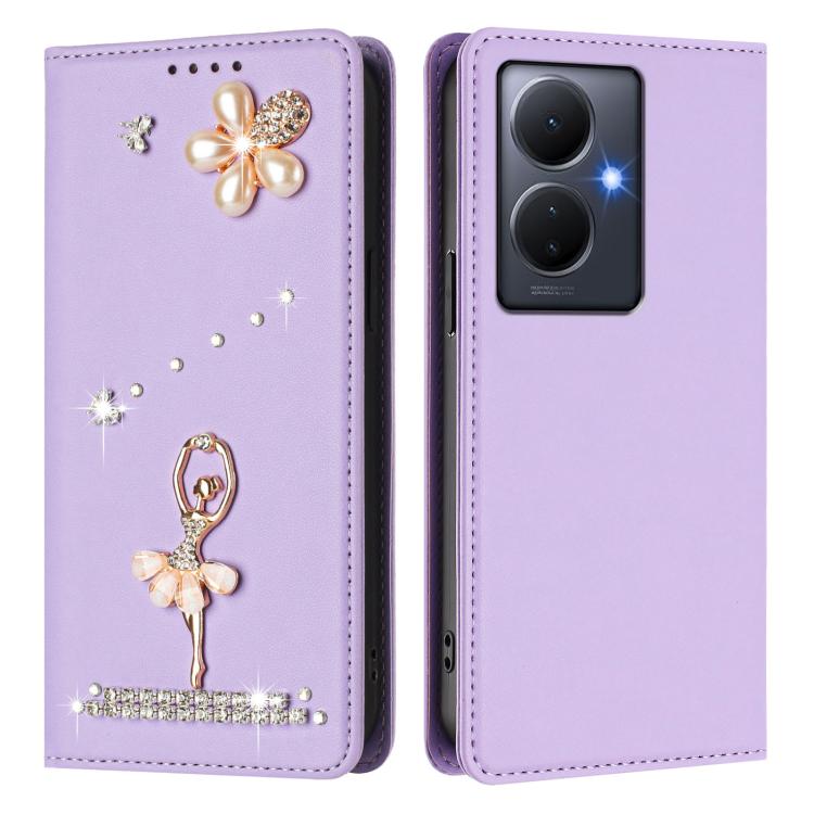 For vivo Y78+ 5G Global / V29 Lite Ballet Girl Diamond Studded RFID Vegan Leather Phone Case