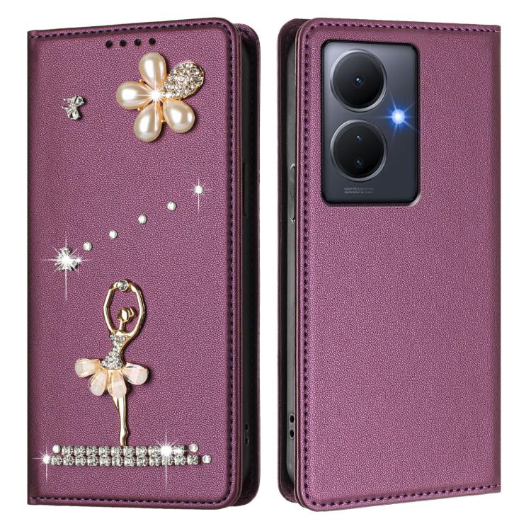 For vivo Y78+ 5G Global / V29 Lite Ballet Girl Diamond Studded RFID Vegan Leather Phone Case