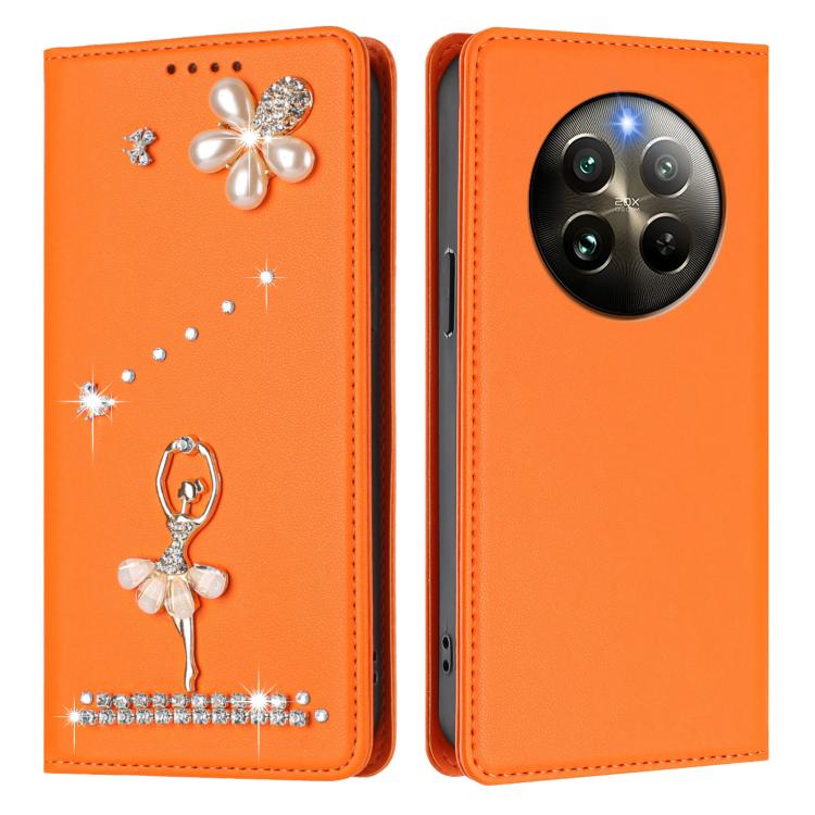 For Realme 13 4G Global / 12 4G Global Ballet Girl Diamond Studded RFID Vegan Leather Phone Case