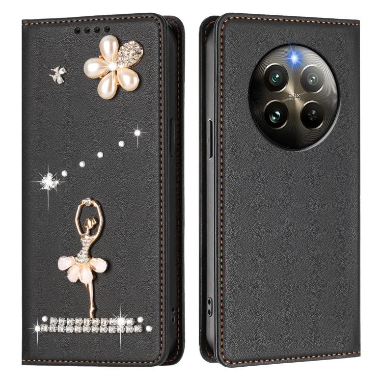 For Realme 13 4G Global / 12 4G Global Ballet Girl Diamond Studded RFID Vegan Leather Phone Case