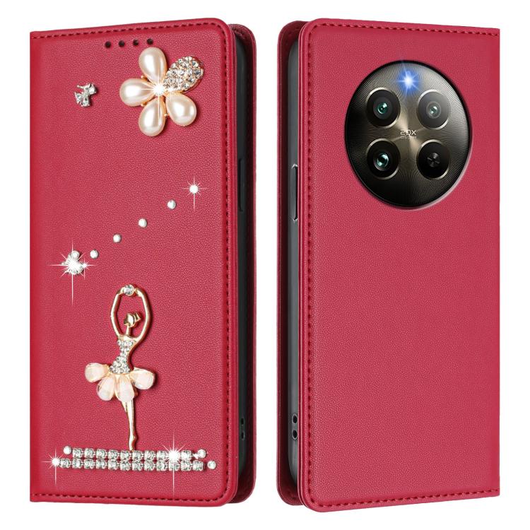 For Realme 13 4G Global / 12 4G Global Ballet Girl Diamond Studded RFID Vegan Leather Phone Case