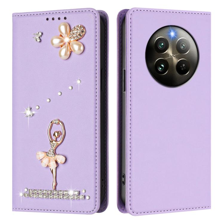 For Realme 13 4G Global / 12 4G Global Ballet Girl Diamond Studded RFID Vegan Leather Phone Case