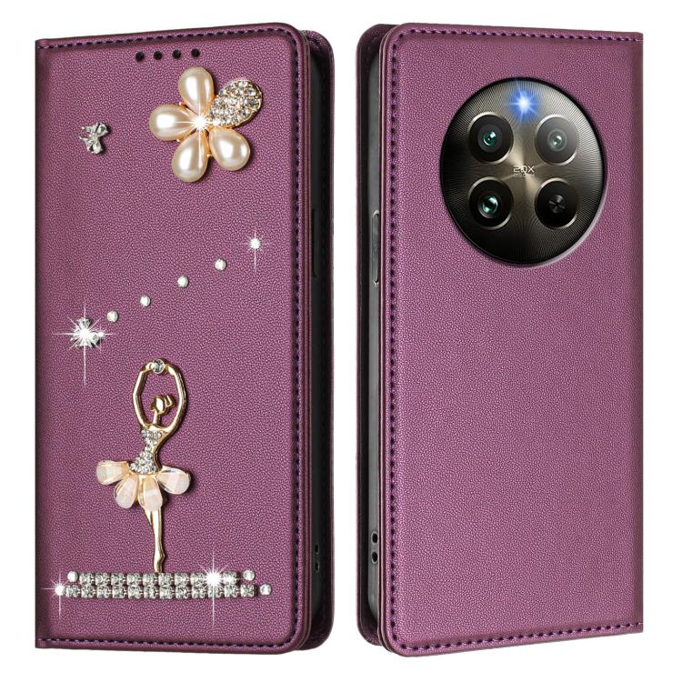 For Realme 13 4G Global / 12 4G Global Ballet Girl Diamond Studded RFID Vegan Leather Phone Case