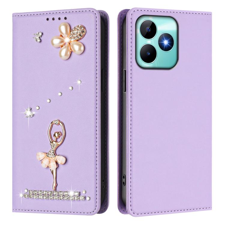 For Realme C53 4G Global / C51 4G Ballet Girl Diamond Studded RFID Vegan Leather Phone Case
