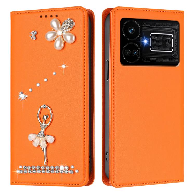 For Realme GT5 240W 5G / GT5 5G Ballet Girl Diamond Studded RFID Vegan Leather Phone Case