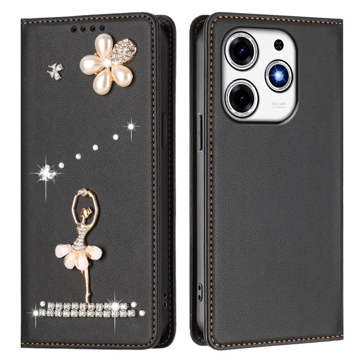 For Tecno Spark 10 Pro Magic Magenta Ballet Girl Diamond Studded RFID Vegan Leather Phone Case