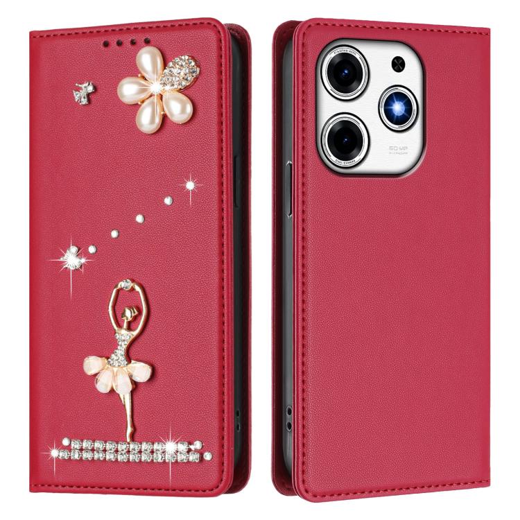 For Tecno Spark 10 Pro Magic Magenta Ballet Girl Diamond Studded RFID Vegan Leather Phone Case