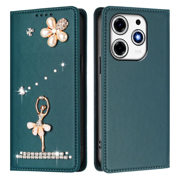 For Tecno Spark 10 Pro Magic Magenta Ballet Girl Diamond Studded RFID Vegan Leather Phone Case