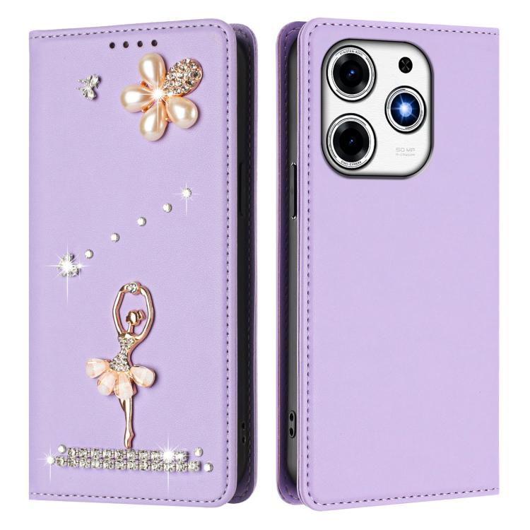For Tecno Spark 10 Pro Magic Magenta Ballet Girl Diamond Studded RFID Vegan Leather Phone Case