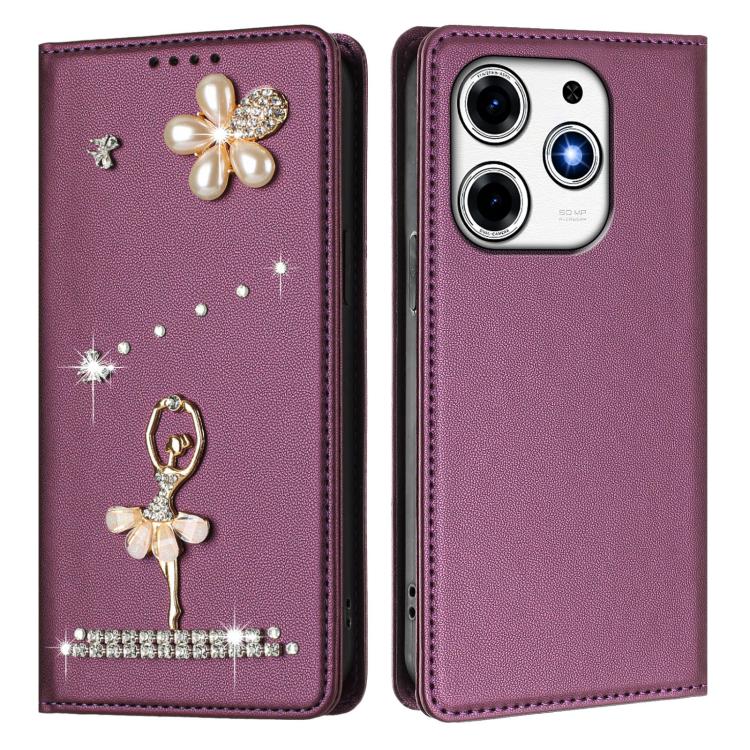 For Tecno Spark 10 Pro Magic Magenta Ballet Girl Diamond Studded RFID Vegan Leather Phone Case