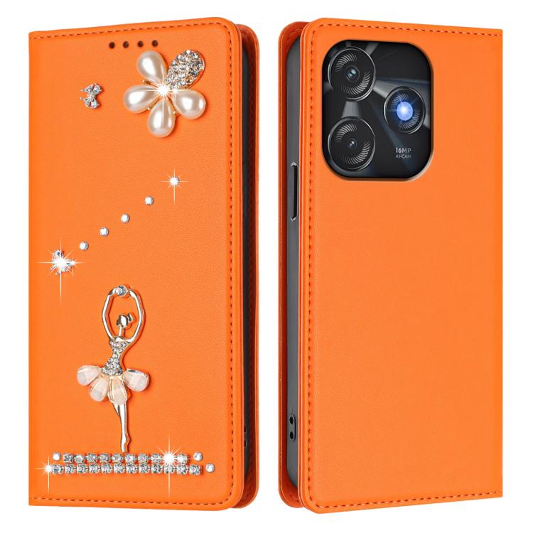 For Tecno Spark 10C / Spark 10 Ballet Girl Diamond Studded RFID Vegan Leather Phone Case