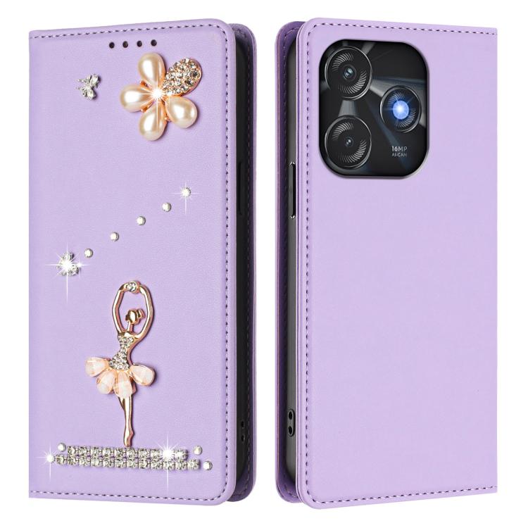 For Tecno Spark 10C / Spark 10 Ballet Girl Diamond Studded RFID Vegan Leather Phone Case