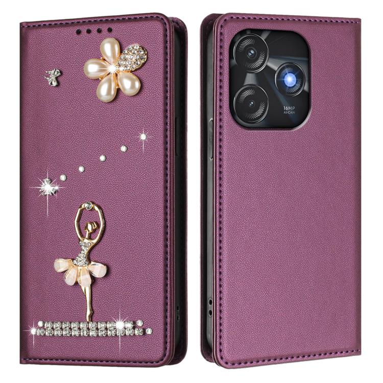 For Tecno Spark 10C / Spark 10 Ballet Girl Diamond Studded RFID Vegan Leather Phone Case