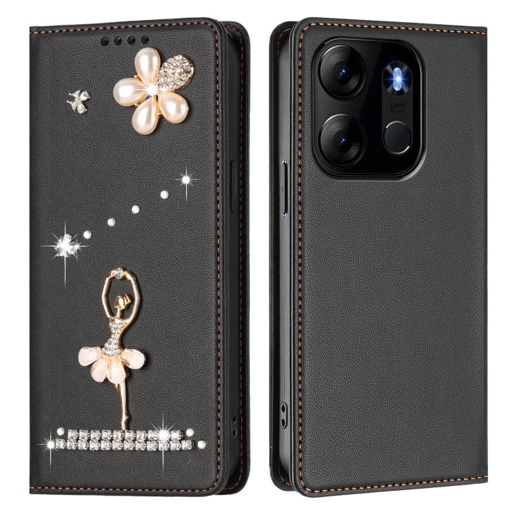 For Tecno Pop 7 Pro Ballet Girl Diamond Studded RFID Vegan Leather Phone Case