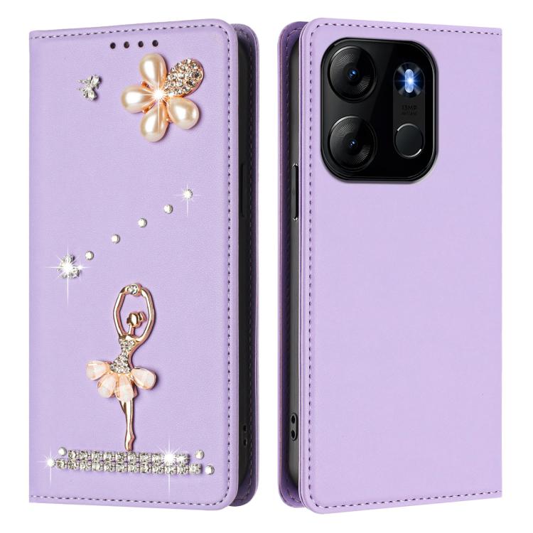 For Tecno Pop 7 Pro Ballet Girl Diamond Studded RFID Vegan Leather Phone Case