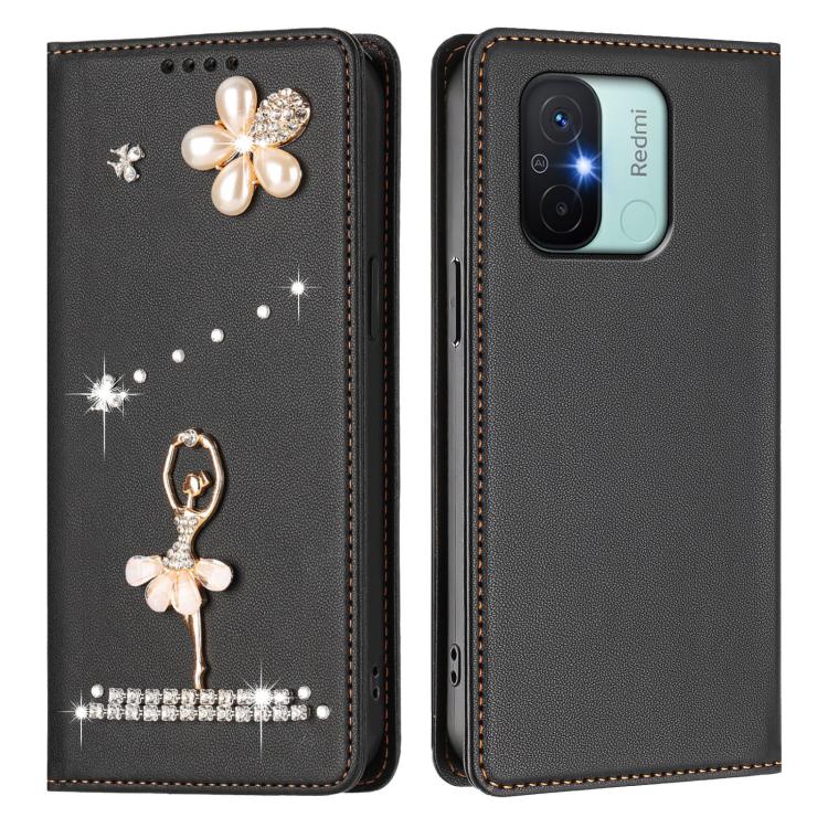 For Redmi 11A / Xiaomi Poco C55 Ballet Girl Diamond Studded RFID Vegan Leather Phone Case
