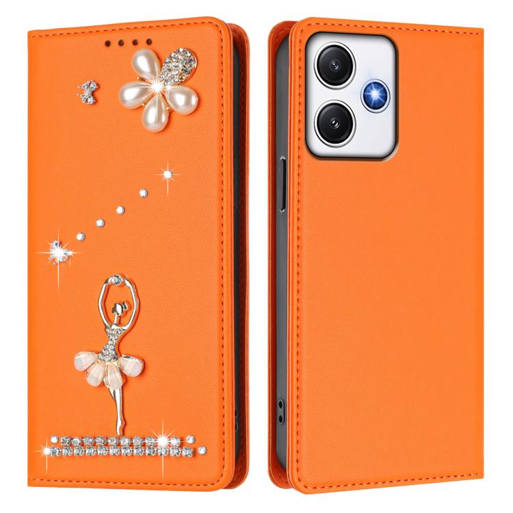 For Redmi 12 4G / 5G Global / Note 12R Ballet Girl Diamond Studded RFID Vegan Leather Phone Case
