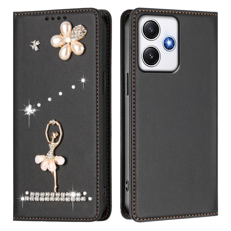 For Redmi 12 4G / 5G Global / Note 12R Ballet Girl Diamond Studded RFID Vegan Leather Phone Case
