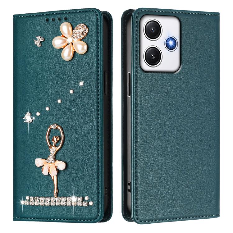 For Redmi 12 4G / 5G Global / Note 12R Ballet Girl Diamond Studded RFID Vegan Leather Phone Case