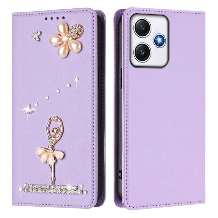 For Redmi 12 4G / 5G Global / Note 12R Ballet Girl Diamond Studded RFID Vegan Leather Phone Case
