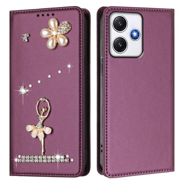 For Redmi 12 4G / 5G Global / Note 12R Ballet Girl Diamond Studded RFID Vegan Leather Phone Case