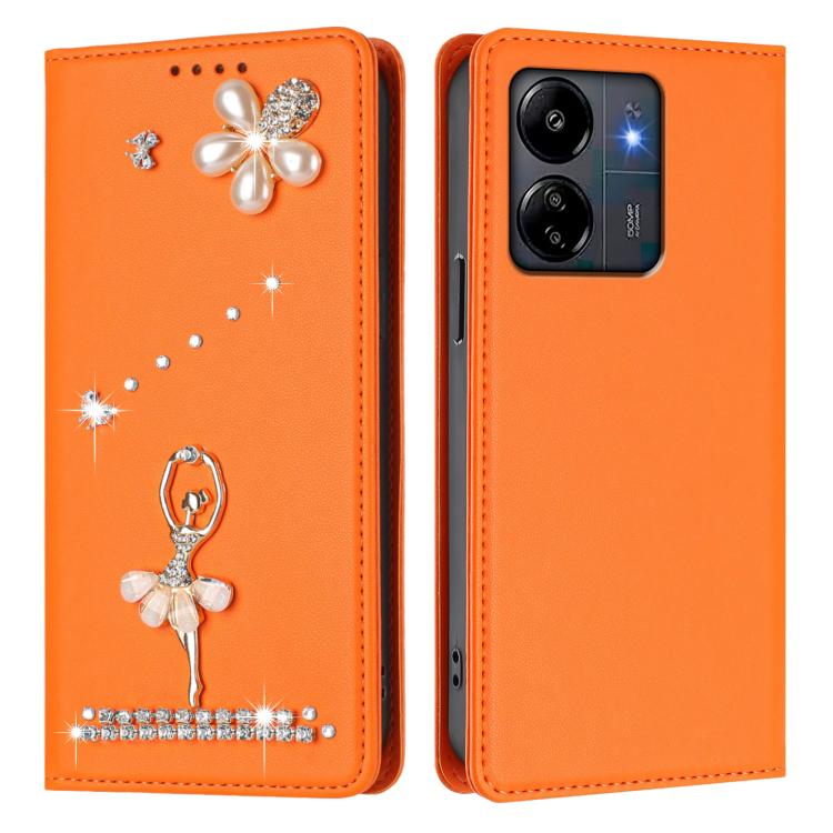 For Redmi 13C 5G/4G / Poco C65 / Poco M6 5G Ballet Girl Diamond Studded RFID Vegan Leather Phone Case