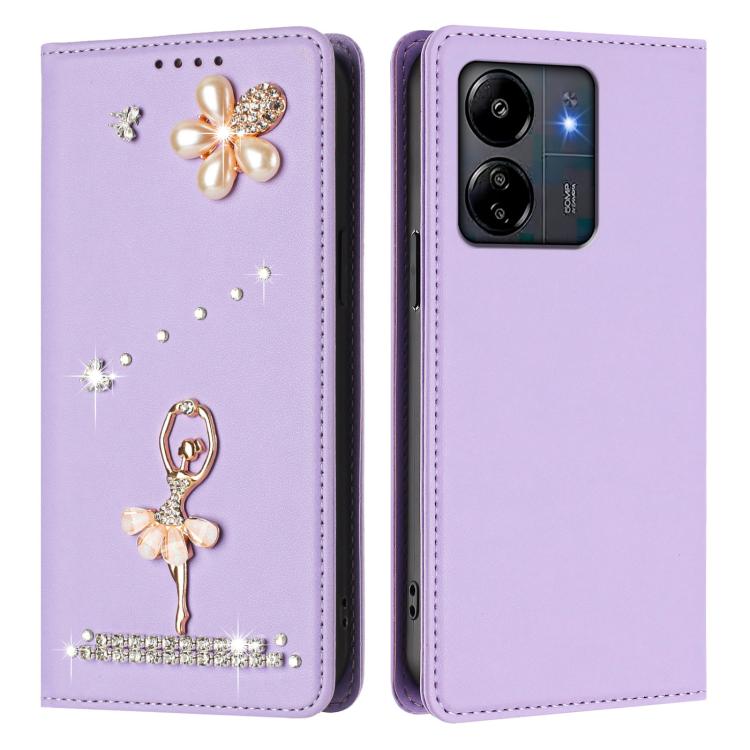 For Redmi 13C 5G/4G / Poco C65 / Poco M6 5G Ballet Girl Diamond Studded RFID Vegan Leather Phone Case