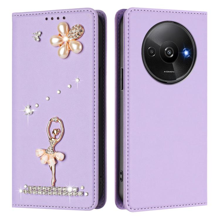 For Redmi A3 4G / A3x 4G / Poco C61 4G Ballet Girl Diamond Studded RFID Vegan Leather Phone Case