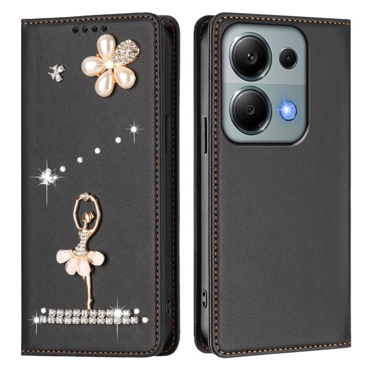 For Redmi Note 13 Pro 4G / Note 14S 4G Ballet Girl Diamond Studded RFID Vegan Leather Phone Case
