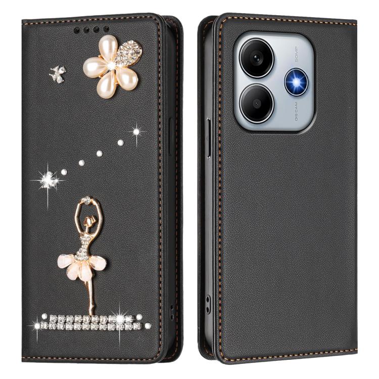 For Redmi Note 14 4G 163.25mm Ballet Girl Diamond Studded RFID Vegan Leather Phone Case