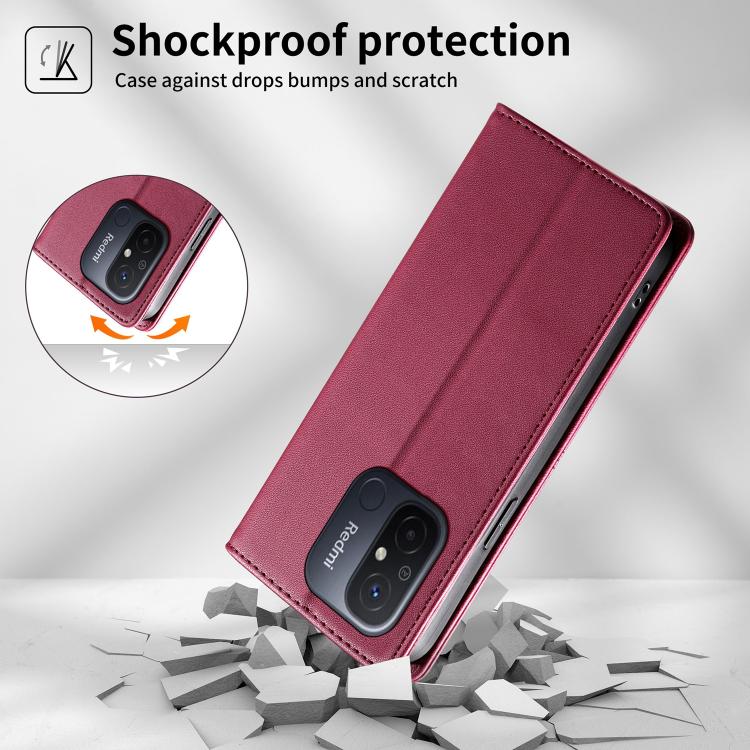 For Redmi 12C / 11A / Poco C55 Stitched Line Magnetic RFID Vegan Leather Phone Case