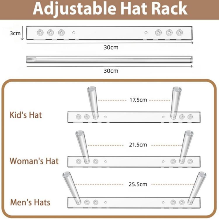 2pcs/Pack Wall-Mounted Clear Acrylic Three Holes Adjustable Cowboy Hat Storage Rack - Transparent