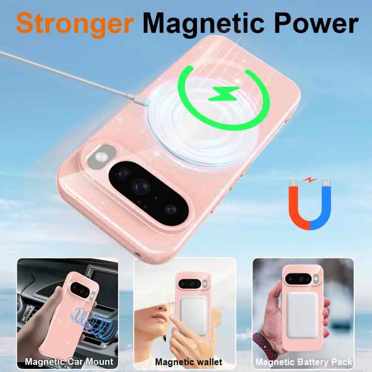 For Google Pixel 10 Fine Hole Glossy Glitter Magnetic TPU Phone Case with Same Color Hand Strap
