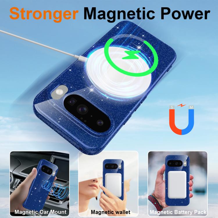 For Google Pixel 10 Fine Hole Glossy Glitter Magnetic TPU Phone Case with Same Color Hand Strap