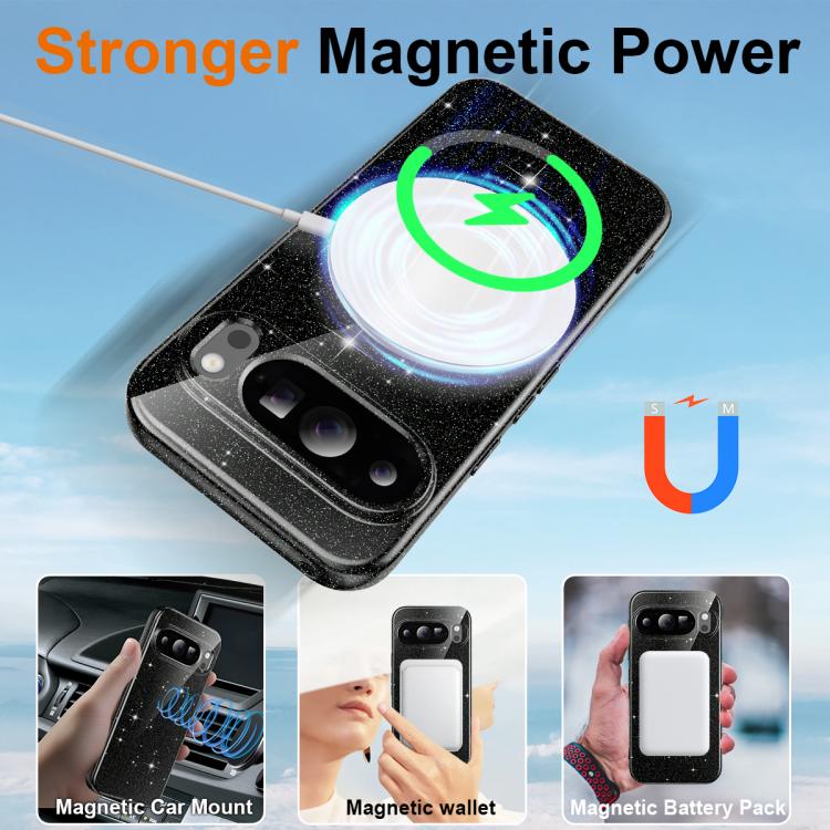 For Google Pixel 10 Pro Fine Hole Glossy Glitter Magnetic TPU Phone Case with Same Color Hand Strap
