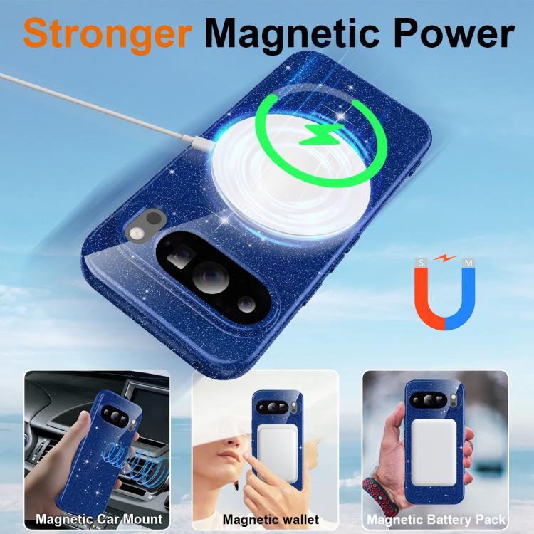 For Google Pixel 10 Pro Fine Hole Glossy Glitter Magnetic TPU Phone Case with Same Color Hand Strap