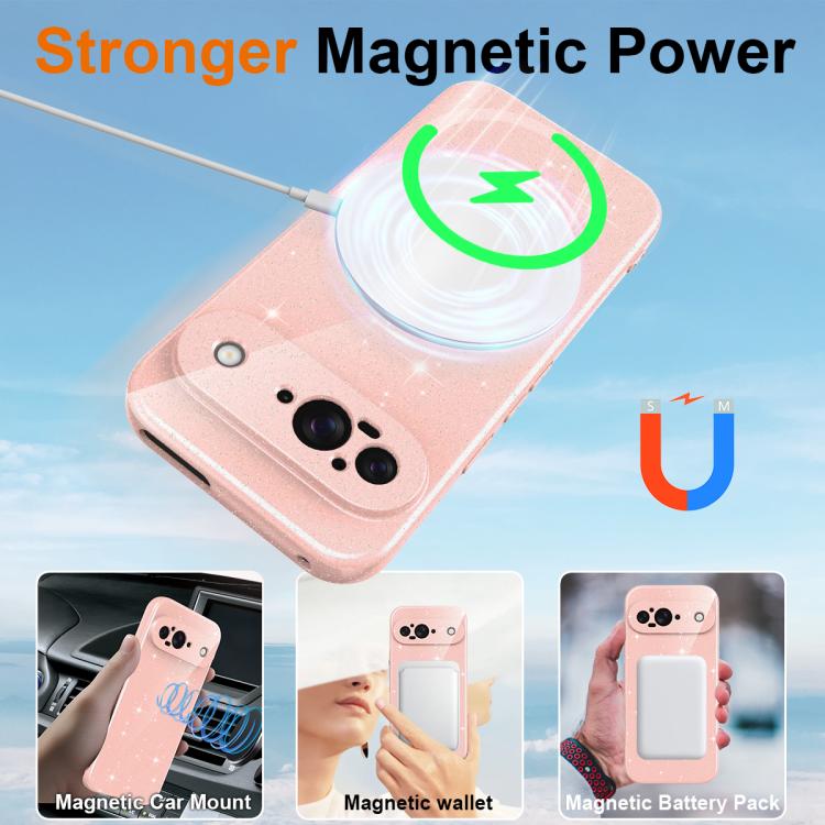 For Google Pixel 9 Fine Hole Glossy Glitter Magnetic TPU Phone Case with Same Color Hand Strap