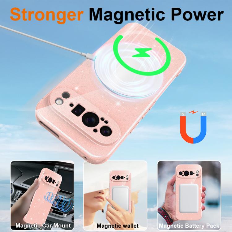 For Google Pixel 9 Pro Fine Hole Glossy Glitter Magnetic TPU Phone Case with Same Color Hand Strap