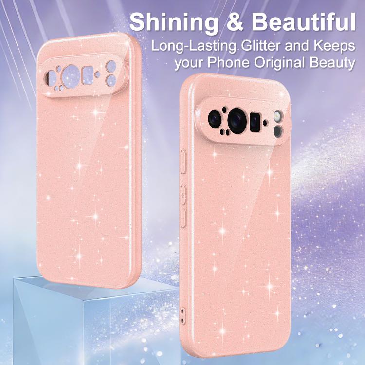 For Google Pixel 9 Pro Fine Hole Glossy Glitter Magnetic TPU Phone Case with Same Color Hand Strap