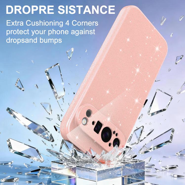 For Google Pixel 9 Pro Fine Hole Glossy Glitter Magnetic TPU Phone Case with Same Color Hand Strap