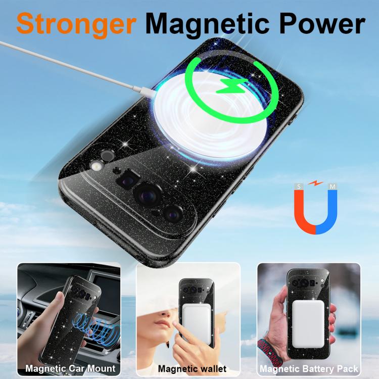 For Google Pixel 9 Pro Fine Hole Glossy Glitter Magnetic TPU Phone Case with Same Color Hand Strap