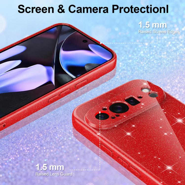 For Google Pixel 9 Pro Fine Hole Glossy Glitter Magnetic TPU Phone Case with Same Color Hand Strap