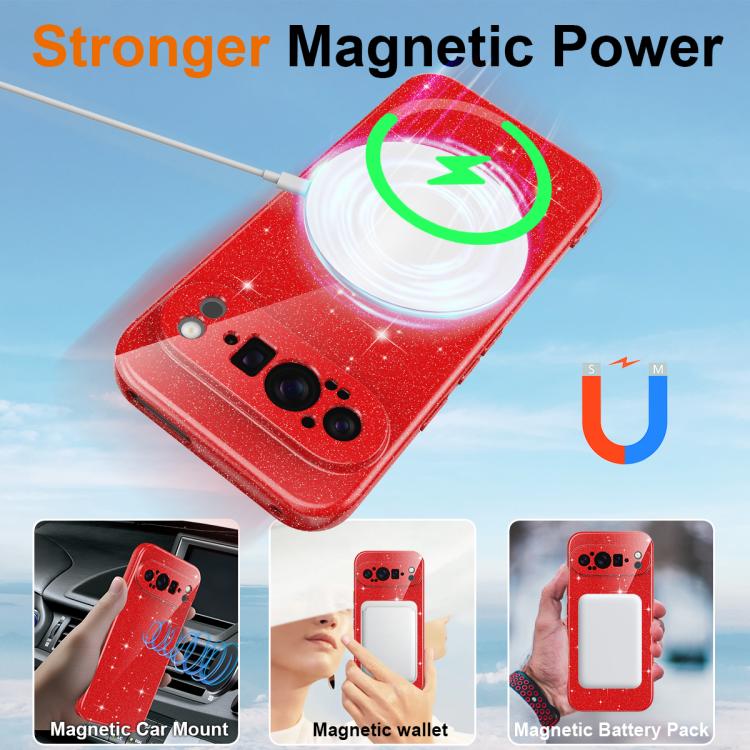 For Google Pixel 9 Pro Fine Hole Glossy Glitter Magnetic TPU Phone Case with Same Color Hand Strap